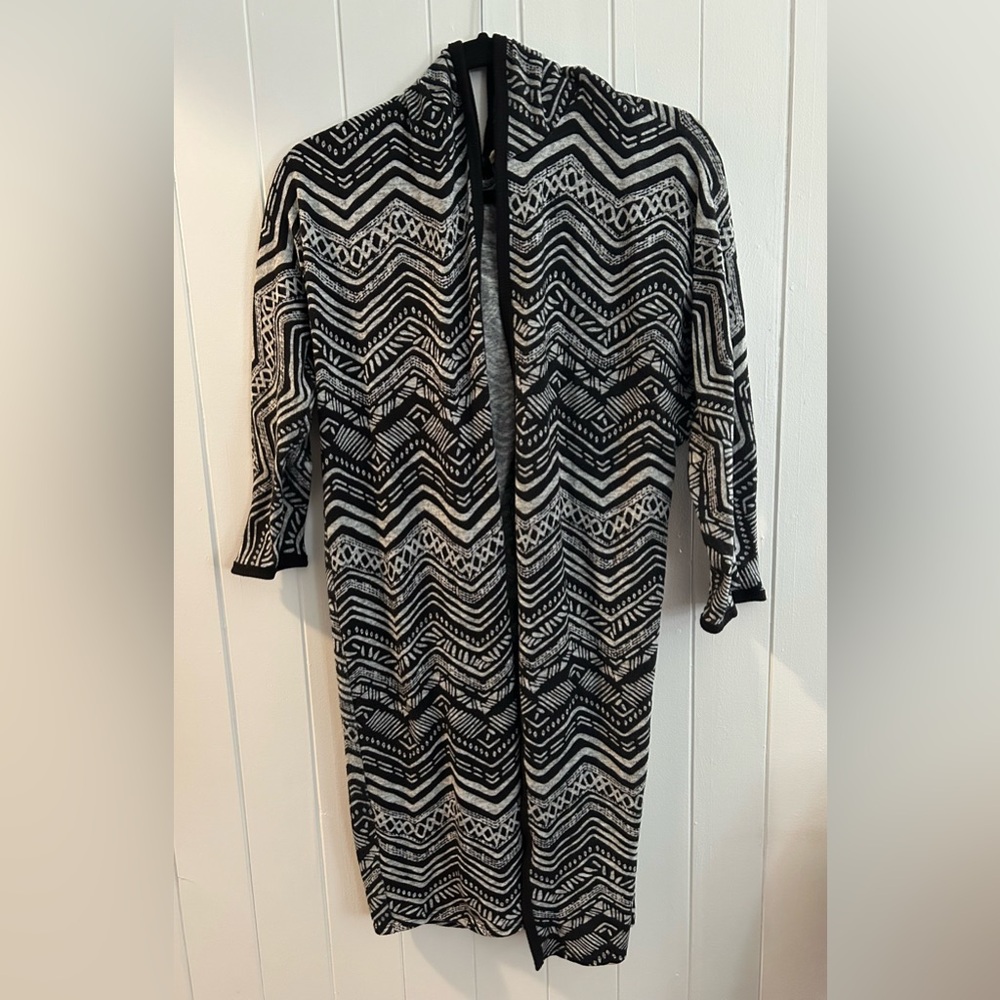 Long Black & White Hooded Cardigan